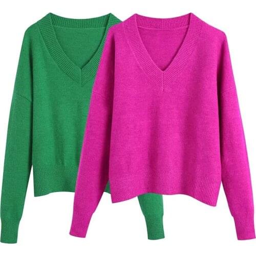 Klkxmyt Za Sweater Women Fashion Soft Touch Loose Knitted Sweaters Woman Vintage V Neck Long Sleeve Female Pullovers Chic Tops