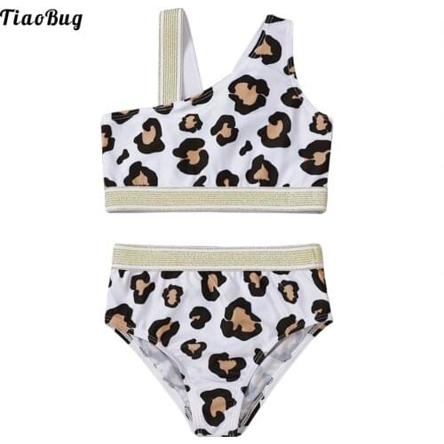 2021 Fashion Baby Girls Two-Piece Summer Swimsuit Asymmetry Straps Printed Swimwear Children Bikini Bathing Seaside Suit
