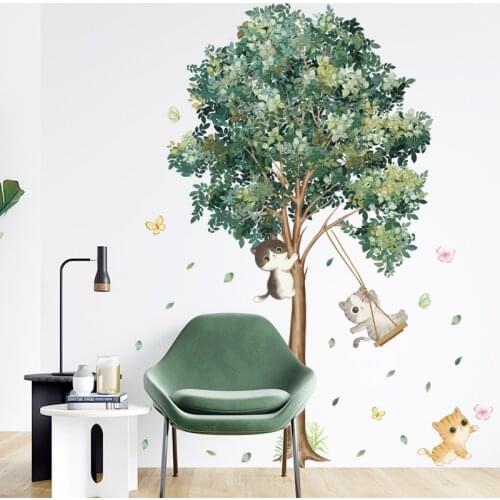 Cute Swing Kitten Wall Stickers Kids rooms Bedroom Wall Decor Green Tree Decals for Living room Vinyl Art Murals Home Decoration