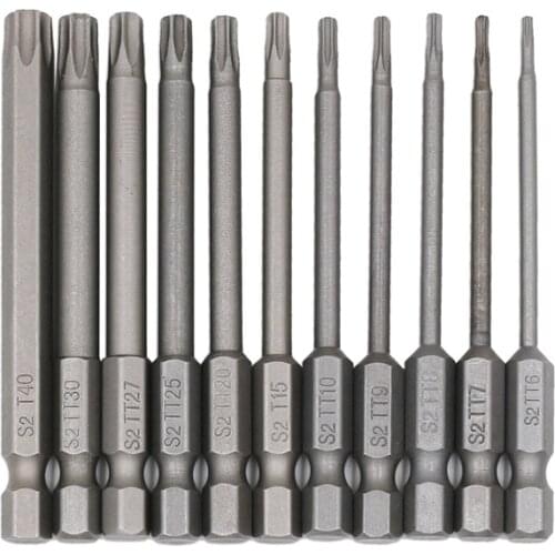 ZK30 11pcs Torx Screwdriver Bit 100mm Length Head 1/4" Hex Long Steel Magnetic Security Electric Screw Driver Set