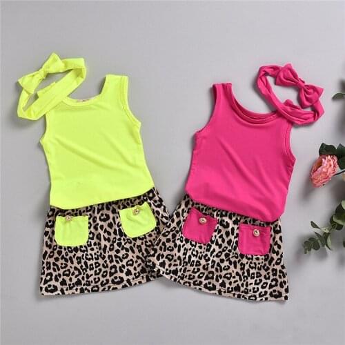 NEW 2020 Summer Kids Baby Girls Clothes Set Sleeveless T-shirt Top Vest Leopard Print Skirt Outfit Tracksuit 2PC Casual Clothing