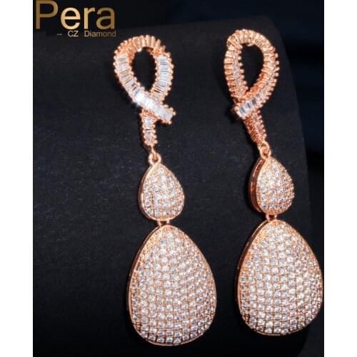 Pera Luxury Bridal Wedding Engagement Party Jewelry Long Dangle Big Drop Yellow Gold Color Cubic Zirconia Earring For Women E351