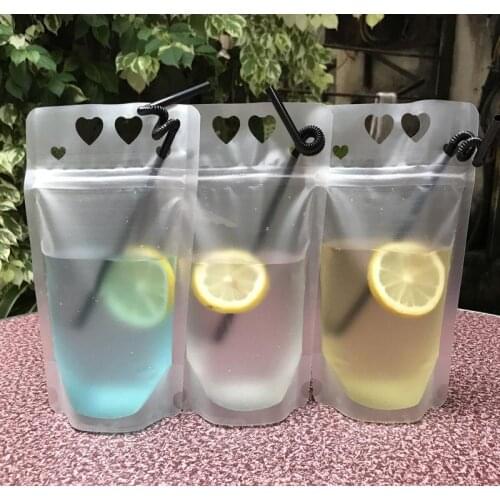 Heart Shape Design Plastic Frosted Drink Packaging Bag for Beverage Juice Milk Coffee, with Handle and Holes for Straw SN3130