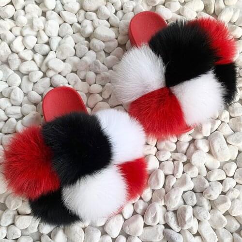 Pom Pom Fur Slides Women Real Rabbit Fur Slippers Real Fox Fur Flip Flops Flat Fluffy Fur Ball Sandals