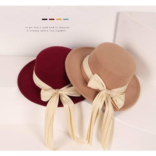 FOCUSNORM 8 Colors Fashion Kids Girls Hats Outfits 4-6Y Vintage Bowler Solid Color Wide Brim Big Bowknot Cap