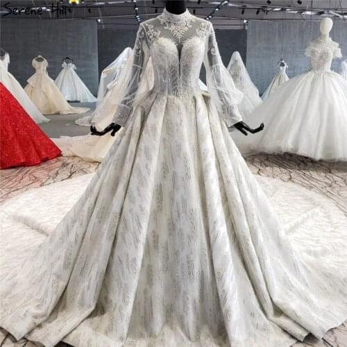 Serene Hill White High Collar Luxury Sexy Wedding Dress Long Sleeves Beadings Pearls Lace Up Bridal Gown Custom Made CHX0043