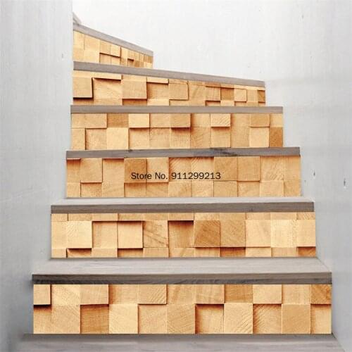 6pcs/set DIY Vinyl Self-adhesive Stairway Waterproof Removable Wallpaper Wood Grain Cube Stair Sticker Staircase Home Decoration