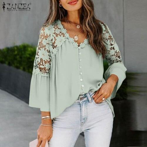 2021 ZANZEA Sexy Hollow Out Shirt Women Elegant Lace Crochet Blouse Summer Casual V Neck 3/4 Sleeve White Tops Work Floral Blusa