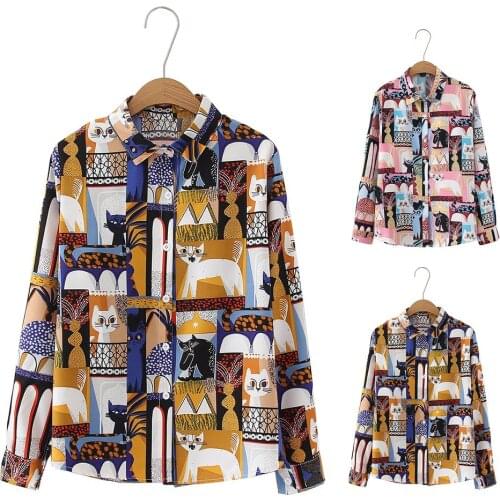 Cute Cats Print Long Sleeves Lapel Women Top Chiffon Casual Office Blouse Shirt womens shirt womens blouse fashion womenblouse