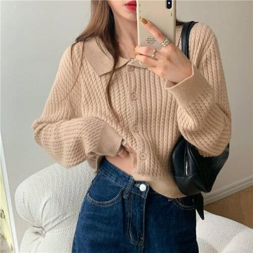 Womens Knitted Cardigan Turn-down Collar Twist Striped Long Sleeves Loose Sweater Wholesale 2021 New Fashion Lady Clothing