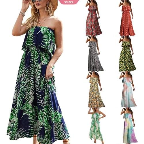 Womens Summer Dress New Sleeveless Tube Top Print Big Swing Type Lazy Loose Female Beach Holiday Dress