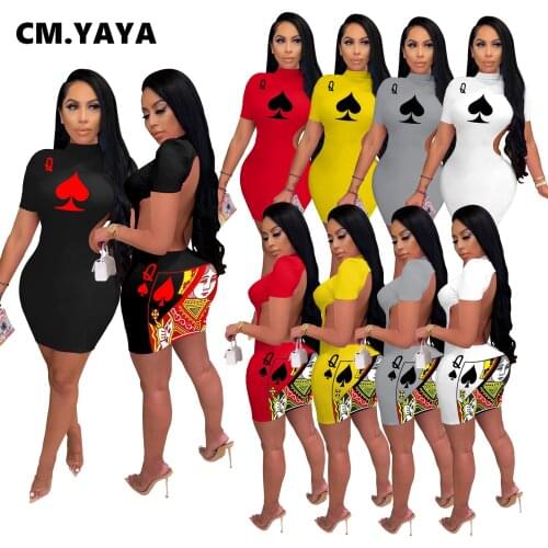 CM.YAYA Bodycon Midi Mini Women Dress Black Spade Q Poker Card Print Open Back Bandage Pencil Short Sleeve Dresses Outfits