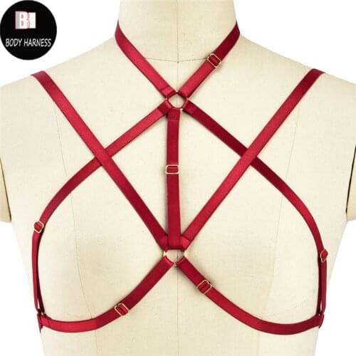 Pastel Goth Red Crop Top Women Body Harness Pole Dance Wedding Body Cage Bra Harness Belt Rave Bondage Lingerie Bustier