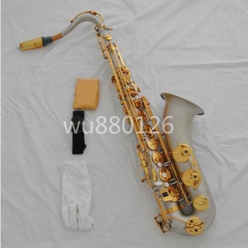 Bb Tune Tenor Saxophone Satin Nickel Silver Body Gold Lacquer Key B Flat Sax Musical Instrument with Accessories Free Shipping
