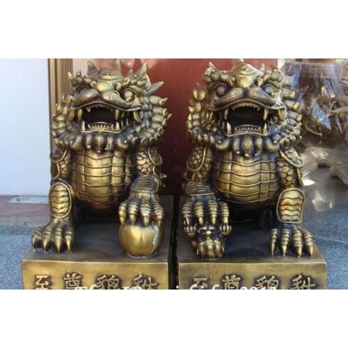 Free shipping 17''Folk Chinese Pure Bronze Foo Fu Dog Door Lion Dragon Kirin Kylin Statue Pair