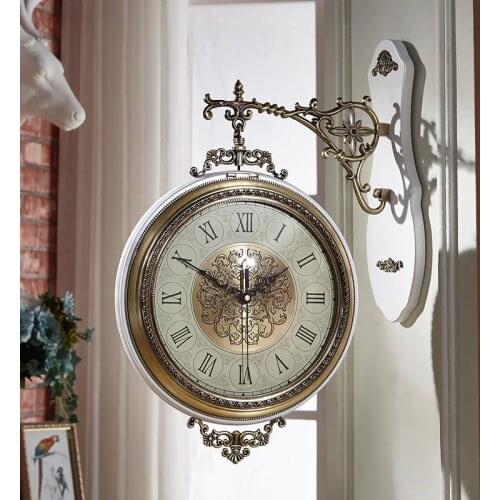 Vintage Large Wall Clock Gold Luxury Metal Double-side Silent Clocks Wall Roman Living Room American Horloge Home Decor ZB5WC