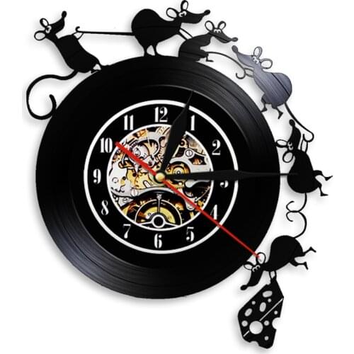 Stealing Cheese Rat 3D LED Wall Clock Cute Mouse Team Vinyl Record Modern Design Nursery Hanging Watches Home Decor Kids' Room