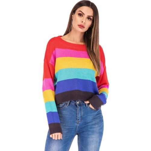Womens Sweater 2019 Spring Summer New Rainbow Striped Long Sleeve Round Neck Sweaters Leisure Upper Outer Garment Fashion