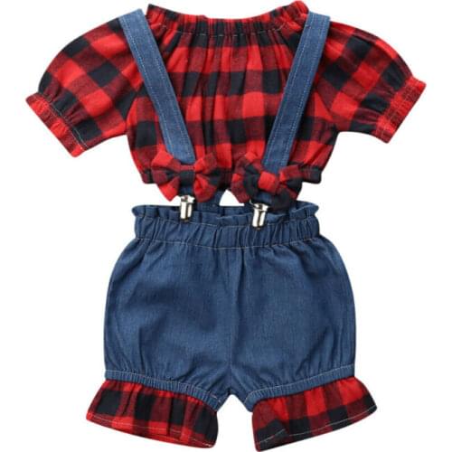 2019 Christmas Toddler Baby Girls Clothes Plaid Short Sleeve Tops+Denim Pants Overalls Outfits Size 2-6Y