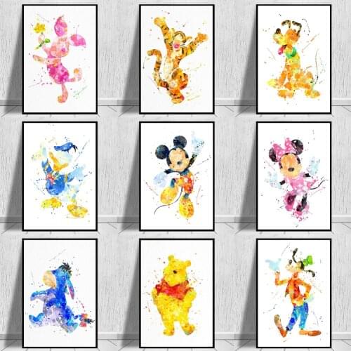 Disney Watercolour Art Canvas Prints Mickey Mouse Cartoon Figure Cute Poster Painting On The Kids Room Wall Decorative Pictures