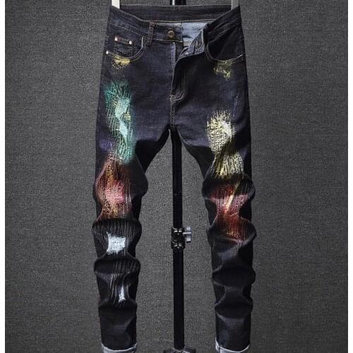 Italy New Mens Style Hip-hop Pants Oiled Painted Ripped Blue Jeans Slim Fit Scratched Trousers #1631
