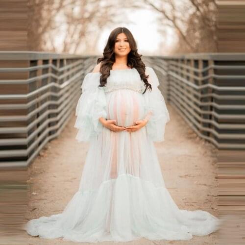 Charming Tulle Dressing Gowns For Maternity Women Long Sleeves Crystals Beaded Long See Thru Plus Size Dresses