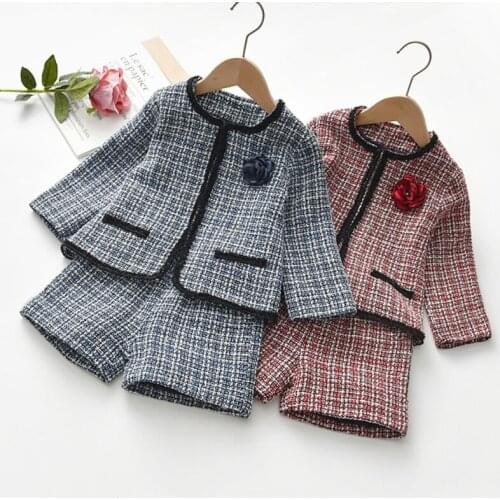 Autumn Kids Baby Girls Clothes Set Plaid Coats Fashion Children Shorts Girls Clothing Set Kids Outerwear Girls Suits 2-7T