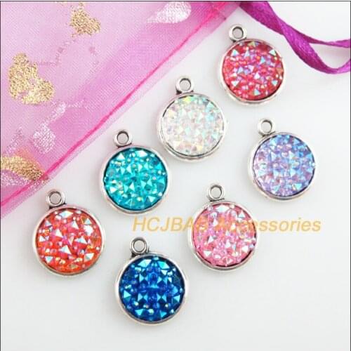14 New Charms Tibetan Silver Tone Retro Mixed Round Resin Pendants 14x17mm