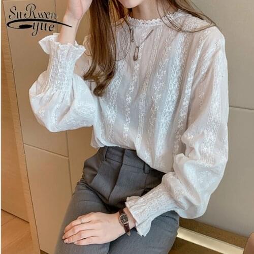 Casual Lady Tops Long Sleeve Lace Women Tops Blusas Mujer De Moda 2020 Autumn Large Size 4XL Women White Chiffon Blouses 6202 50