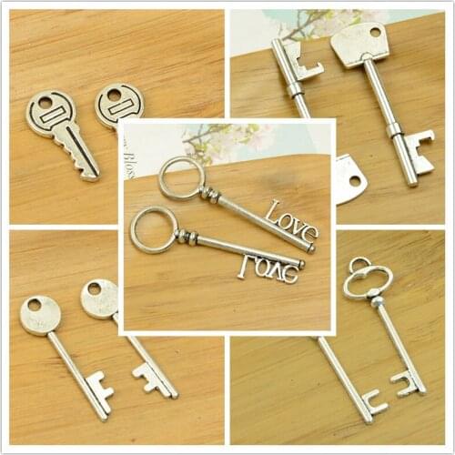 Simple key shape alloy pendant DIY hollow round carved lock set charm jewelry accessories findings antique silver bracelet neck