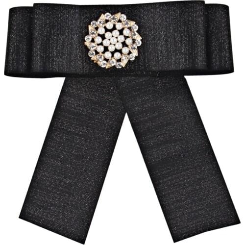 Simple Pearl Bow Tie Black Shirt Collar Pin Female Fabric Ribbon Bowtie Brooch Necktie School Uniform Ties Clothing Accessories