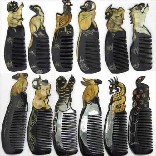Natural Black Buffalo Carved Chinese 12 Zodian Animals Comb Heathy Gift Combs 12pcs set free ship