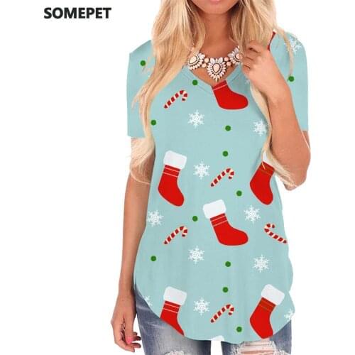 SOMEPET Christmas T Shirt Women Snowflake Shirt Print Gift V-neck Tshirt Party T-shirts 3d Womens Clothing Punk Rock Printed