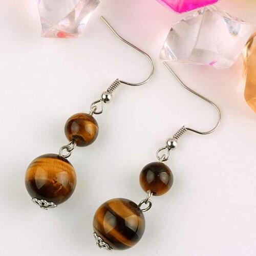 TUMBEELLUWA Tigers Eye Stone Round Beads Dangle Hook Earrings For Womens Girls