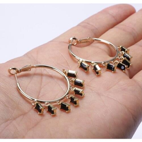 Multiple black navy rectangle glass crystal beads dangle chandelier charm gold big hoop woman earring elegant daily jewelry gift