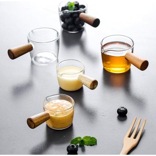 Japan Style Glass Milk Pot with Wood Handle Coffee Appliance Small Cup Kitchenware Seasoning Dish