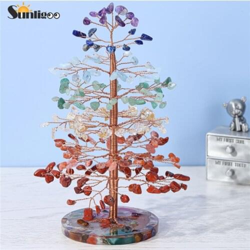 Sunligoo New Reiki Healing Crystal Tree Figurines Gemstone with Resin Base Money Tree Feng Shui Ornaments Home Living Room Decor