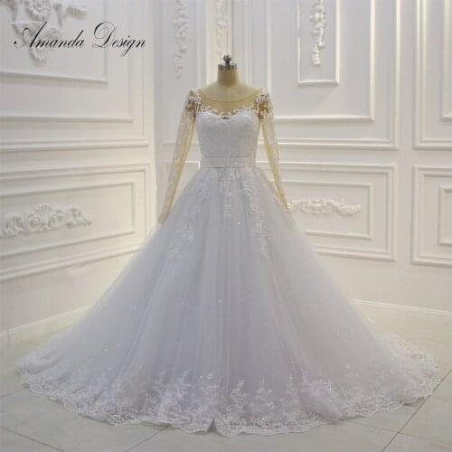 Amanda Design abiti da sposa Lace Appliqued Crystal Belt Long Sleeve Low Back Wedding Dress