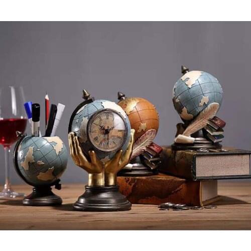 Creative pen holder European retro globe ornaments, piggy bank, clock, room living room decorations office desk pen holder