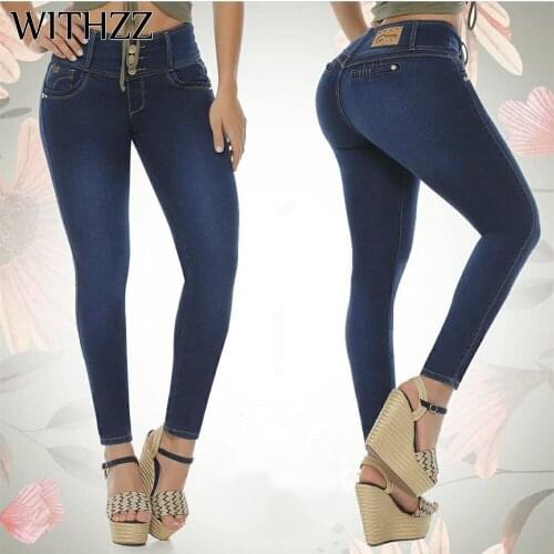 WITHZZ Spring Autumn Sexy Denim Pants High Waist Breasted Trousers Pencil Pants Womens Jeans