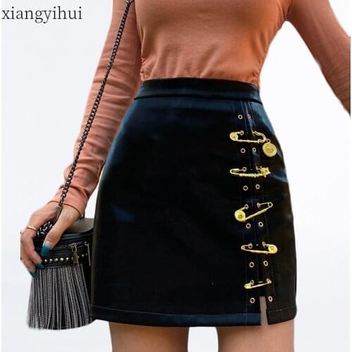 Plus Size 4XL Gothic Punk Pu Leather Skirts Women Fashion Black Pin A-line Skirt Female High Waist Package Hip Mini Skirt