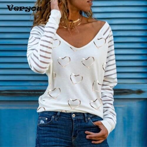 Spring Elegant Women Floral Print Blouse 2021 Fashion V Neck Patchwork Pullover Tops Casual Mesh Striped Long Sleeve T-shirt