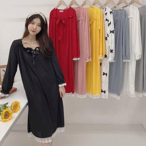 2021 Autumn Long Sleeve Sexy V-neck Nightgowns for Women Korean Cute Lace Bow Sleepwear Home Dress Night Dress Nightdress Nighty