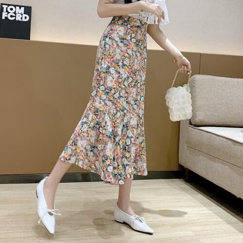 High Waist Mermaid Chiffon Skirt Women Flower Print Skirt Womens Summer Womens Floral Skirts A Line Korean Style