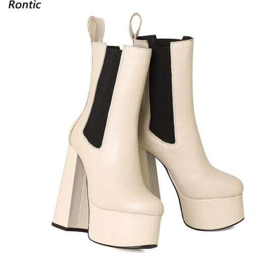 Rontic New Women Winter Platform Ankle Boots Cow Leather Chunky Heels Round Toe Pretty Beige Black Party Shoes US Size 4-9.5
