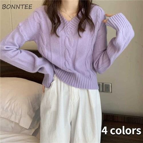 Pullovers Women V-neck Long Sleeve Sweaters Soft Fashion All-match Solid Preppy Sweet Korean Style 4 Colors New Hot Sale Design
