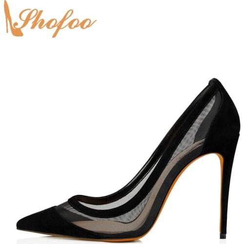 Black High Thin Heels Pumps Patchwork Pointed Toe Woman Slip On Flock Large Size 14 15 Ladies Fashion Office Mature Shoes Shofoo