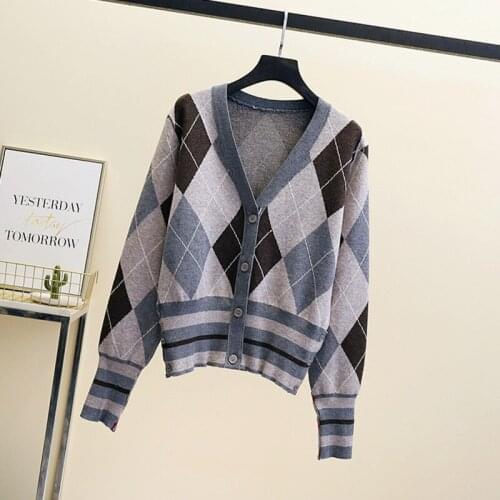 High Quality Vintage Plaid Cashmere Sweater Cardigan Coat Women Fall Winter Korean Fashion Long Sleeve Knitted Tops Pull Femme