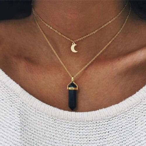 X291 Fashion Jewelry Natural Black White Stone Choker Necklace Women Gold Color Moon Crescent Pendant Multi-layer Necklace