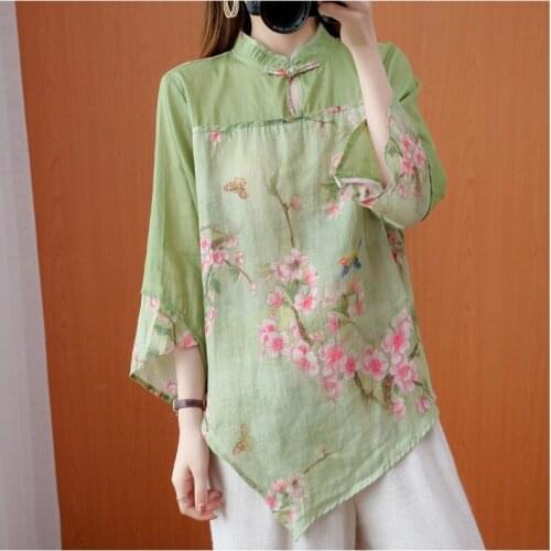 Cheongsam 2021 Female Chinese Style Traditional Blouse Spring and Autumn Thin Floral Print Temperament Disc Buckle Hanfu